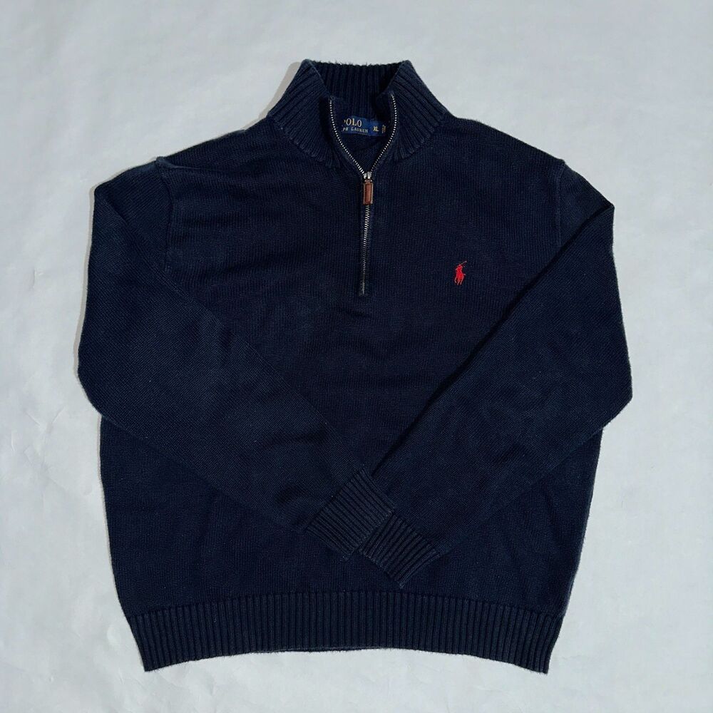 Polo Ralph Lauren Quarter Zip Sweater Navy Red Logo Men’s XL